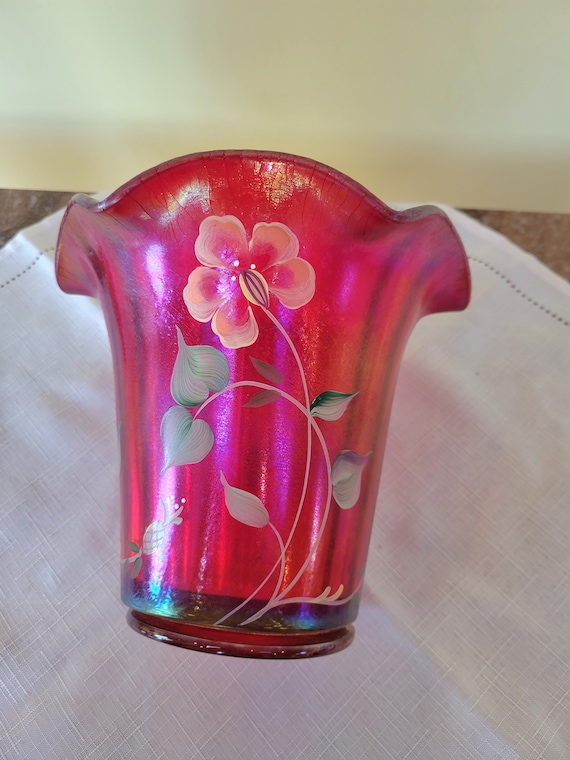 オールドフェントン　アンベリーナ Vintage FENTON Orange/Amberina HOBNAIL Glass Swung VASE 18