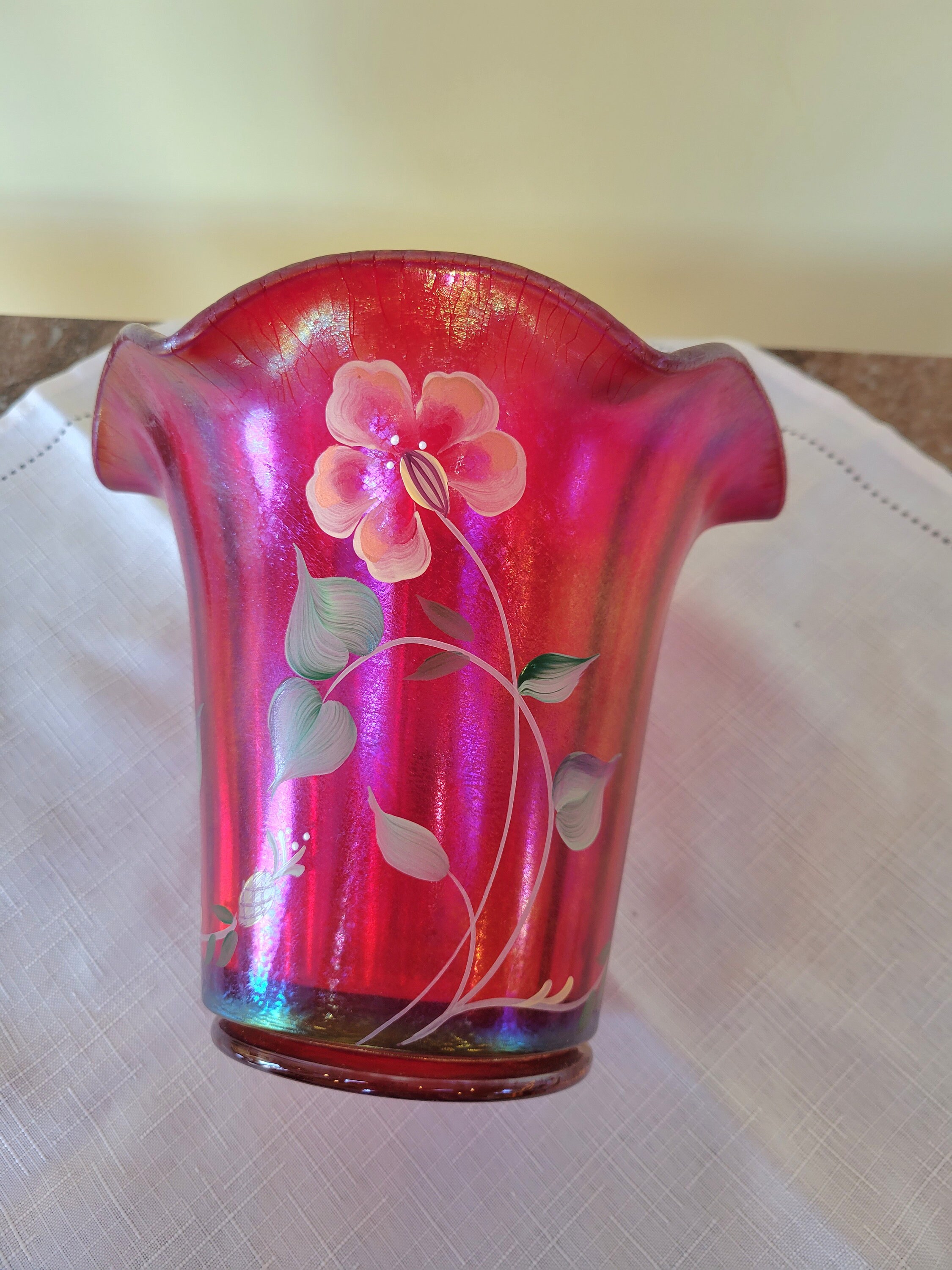 Fenton Art Glass 100th Anniversary Founder's Vase Red 2005 Hand