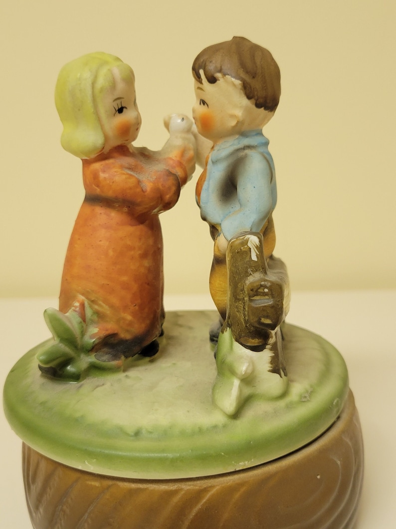 Vintage Rotating Sankyo Music Box Porcelain Boy/girl somewhere My Love
