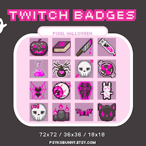 16x Pink Goth Girl Halloween Twitch Sub Badges Pack - Sub Rewards, Stream Decor, Digital Stickers, Cute Pixel Art Aesthetic - Witchy Theme