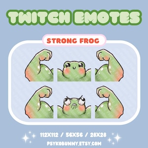Puede incluir: Ilustración digital de una rana verde flexionando sus músculos, etiquetada como "STRONG FROG". La imagen incluye el texto "TWITCH EMOTES" en verde. La rana tiene un diseño lindo y de dibujos animados con acentos rosados.