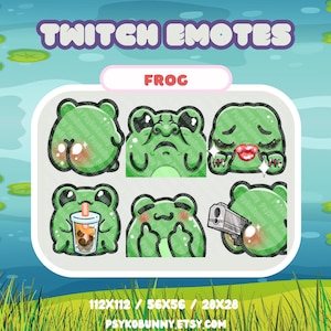 May include: Set of six Twitch emotes featuring a green frog in different poses. The emotes are 112x112, 56x56, and 28x28 pixels. The emotes include a frog with its tongue out, a frog with its eyes closed, a frog with a gun, a frog with a drink, a frog with its hands up, and a frog with its mouth open.