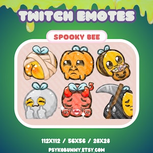 Può includere: Set di sette emoticon Twitch a tema Halloween che rappresentano un'ape spettrale, una mummia, un fantasma che piange, un diavolo, un mietitore, una zucca e un'ape con caramelle. Le emoticon sono in stile cartone animato e sono progettate per l'uso su Twitch.