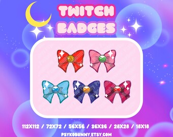 May include: Set of six colourful bow-shaped Twitch badges in various sizes, including 112x112, 72x72, 56x56, 36x36, 28x28, and 18x18 pixels. The badges feature a sparkly design with a gem in the centre of each bow.