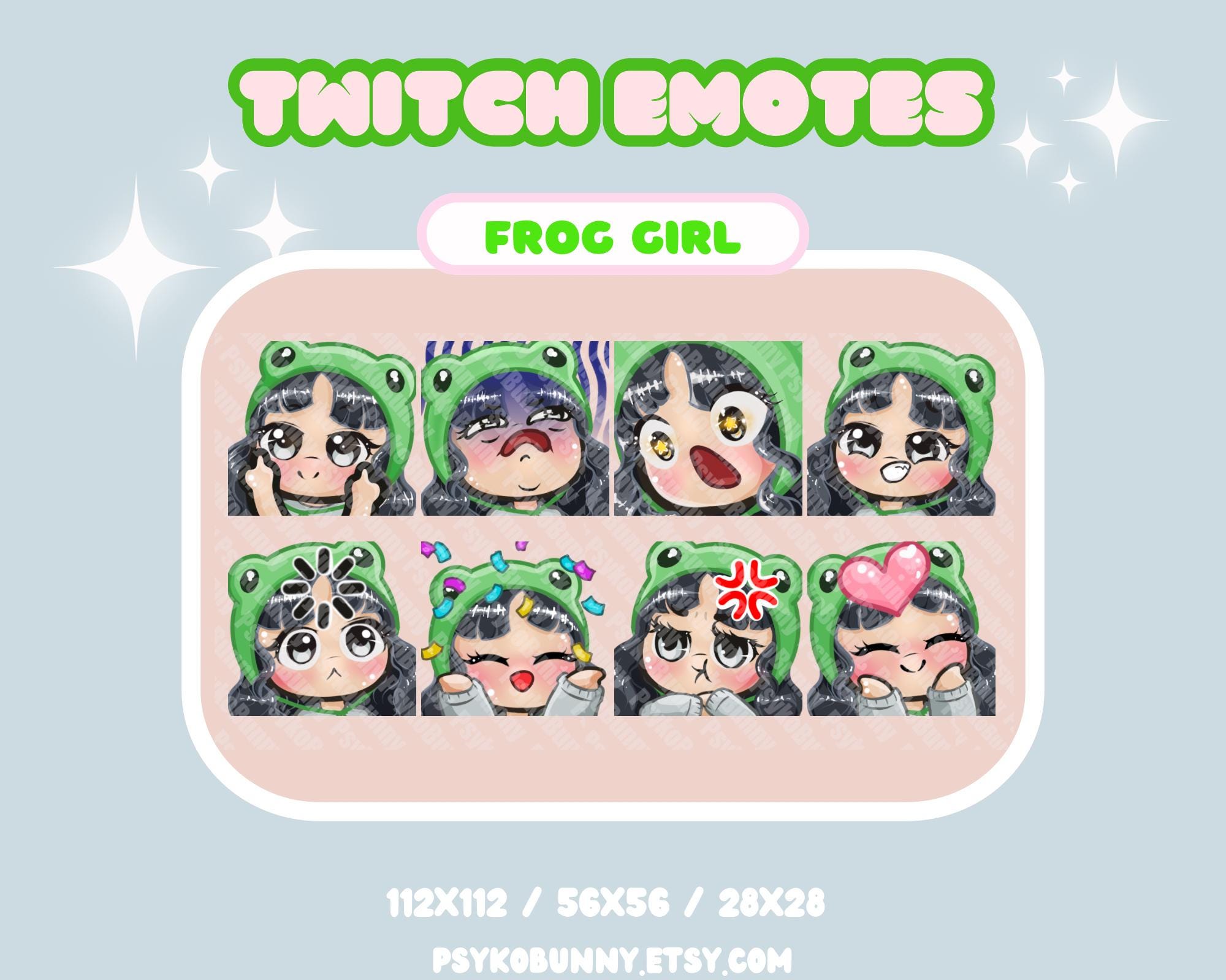 Chibi Girl Frog Hat Twitch Emotes - Black Hair - Grey Blue Eyes - Light Skin - Bangs - Long Wavy Hair -  Set 1