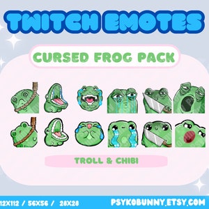 Könnte beinhalten: Ein Set mit 12 Twitch-Emojis, die einen grünen Frosch mit verschiedenen Gesichtsausdrücken zeigen. Die Emojis sind in einem Raster von 4 Reihen und 3 Spalten angeordnet. Die Emojis beinhalten einen Frosch, der an einem Seil hängt, einen Frosch mit offenem Maul, einen weinenden Frosch, einen Frosch, der ein Messer hält, und einen Frosch mit offenem Maul und herausgestreckter Zunge. Die Emojis sind mit "Cursed Frog Pack" und "Troll & Chibi" beschriftet.