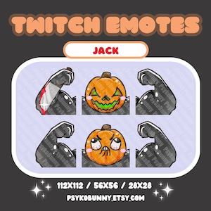 May include: A set of four Twitch emotes featuring a jack-o'-lantern with different expressions. The emotes are in a grid format with the text "JACK" above the grid. The emotes are 112x112, 56x56, and 28x28 pixels.