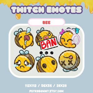 May include: Set of six Twitch emotes featuring a cartoon bee with different expressions. The emotes include a bee crying, a bee with a 'ban' sign, a bee with a surprised expression, a bee with a sad expression, a bee with a confused expression, and a bee with an angry expression. The emotes are designed in a cartoon style with bright colors and simple lines.