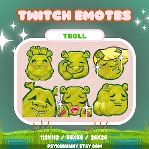 May include: Set of six Twitch emotes featuring a green troll character with different expressions. The emotes are in a grid format with the text "TROLL" above them. The text "112X112 / 56X56 / 28X28" and "PSYKOBUNNY.ETSY.COM" are below the emotes.