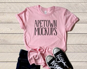 Download Free Bella and Canvas | 3001 | Pink Mock-Up | Unisex | Jersey Short-Sleeve Mockup | Outfit Flat Lay | Wood Background - Shirt Mock up PSD Template