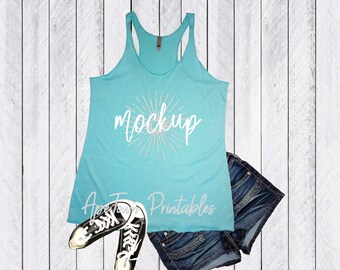 Download Free Next Level 6733 Tahiti Blue Racerback Tank Top - T-Shirt Mockup - Real Shirt Real Props - Flat Mock Up Shirt - Digital - Shorts Shoes props PSD Template