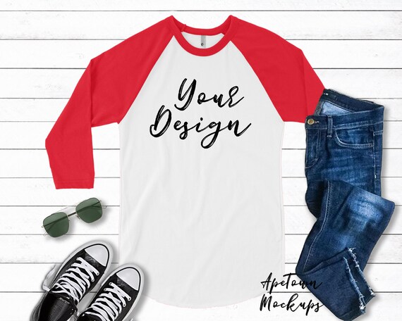 White And Red Blank Raglan Mockup Bb453 American