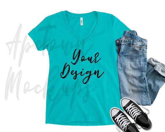 Blank Vneck Tahiti Blue Vneck T-Shirt Flat Lay Mock