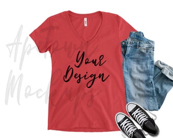 Download Blank V-Neck Red V-Neck T-Shirt Flat Lay Mock Up - Next ...