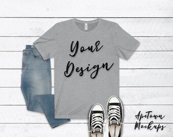 Download Free Bella + Canvas | 3001 | Athletic Heather | Unisex | Jersey Short Sleeve Mockup | Shirt Flatlay | Wood Background grey PSD Template