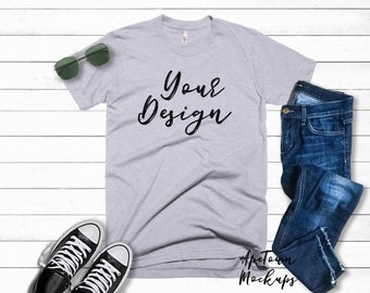 Download Free American Apparel AA | 2001 | heather grey | Unisex | Short Sleeve Mockup | Shirt Flatlay | Wood Background grey PSD Template