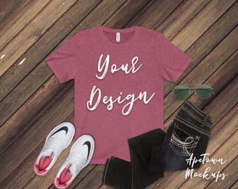 Download Free Bella + Canvas | 3001 | Heather Raspberry women's outfit | Unisex | Jersey Short Sleeve Mockup | Shirt Flatlay | Wood Background grey PSD Template