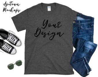 Download Dark Heather Grey Gildan 640 Mens 6400 Digital G640 G6400 Blank Short Sleeve T Shirt Shirt Flatlay Mockup Outfit Mock Up Best Free Mockups Download