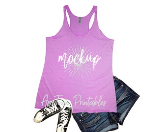 Download Free Next Level | 6733 | Vintage Lilac | Ladies Triblend Racerback Tank | Shirt Mockup | Shirt Flat Lay | White Background PSD Template
