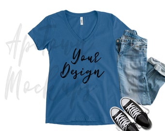 Download Free Blank V-Neck Royal V-Neck T-Shirt Flat Lay Mock Up - Next Level 1540 Mockup - NL1540 FlatLay - Short Sleeved Vinyl Apparel Display PSD Template