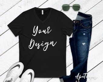 Download Free V-Neck Black Bella + Canvas | 3005 | Unisex Mockup | V Neck | outfit | Shirt Flatlay | Wood Background photography PSD Template