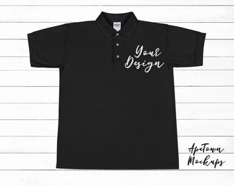 Download Black polo Blank Shirt Mock Up | Gildan | Wood Background | men's tshirt Mockup | Shirt Flat Lay ...