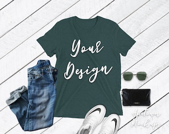 Download Free Shirt Mockup Bella Canvas | 3413 | Emerald Triblend outfit | Unisex | T-Shirt Photo Mockup | Shirt Flatlay | Wood Background grey PSD Template