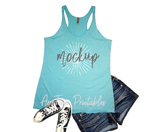 Download Free Next Level | 6733 | Tahiti Blue | Ladies Triblend Racerback Tank | Shirt Mockup | Shirt Flat Lay | White Background PSD Template