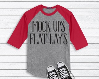 Download Free Raglan Red Grey 3/4 Sleeve T-Shirt Flat Lay Mockup - Digital Clothing Mock up - Mock Up Top - Shirt flat lay - Shirt Design Mockup PSD Template