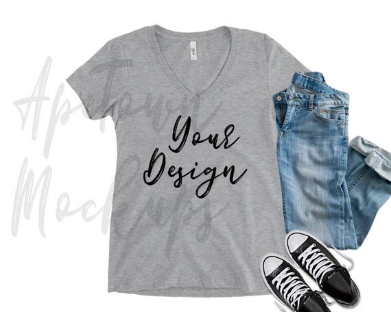 Blank Vneck Heather Grey Vneck T-Shirt Flat Lay Mock Blank Vneck Heather Grey Vneck T-Shirt Flat Lay Mock