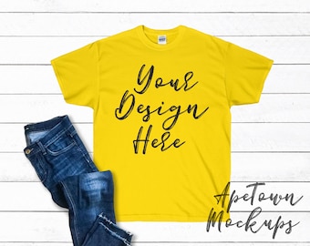 Daisy Yellow Blank Shirt Mock Up Gildan 200 2000 Wood Background Unisex Tshirt Mockup Shirt Flat Lay Svg Design Mockup Digital 3d Wall Logo Mockup