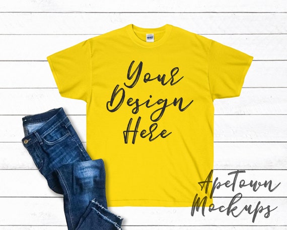 Download Free Daisy Yellow Blank Shirt Mock Up Gildan 200 (PSD) - Download T-Shirt Mockups For Clothing ...