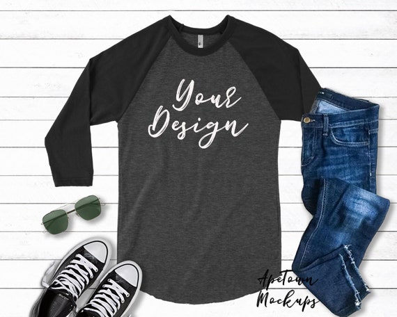 Heather Black And Black Blank Raglan Mockup Bb453