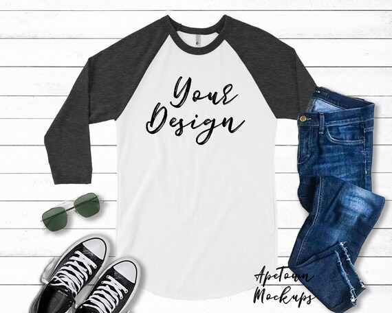 Whtie Heather And Black Blank Raglan Mockup Bb453