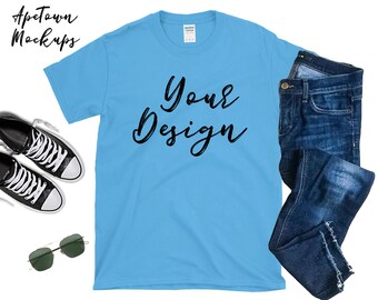 Download Carolina Blue Gildan 640 Mens 6400 Digital G640 G6400 Blank Short Sleeve T Shirt Shirt Flatlay Mockup Outfit Mock Up Free Layered Mockup Psd File PSD Mockup Templates