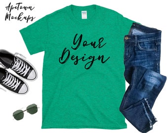 Download Heather Irish Green Gildan 640 Mens 6400 Digital G640 G6400 Blank Short Sleeve T Shirt Shirt Flatlay Mockup Outfit Mock Up Packaging Mockups Psd