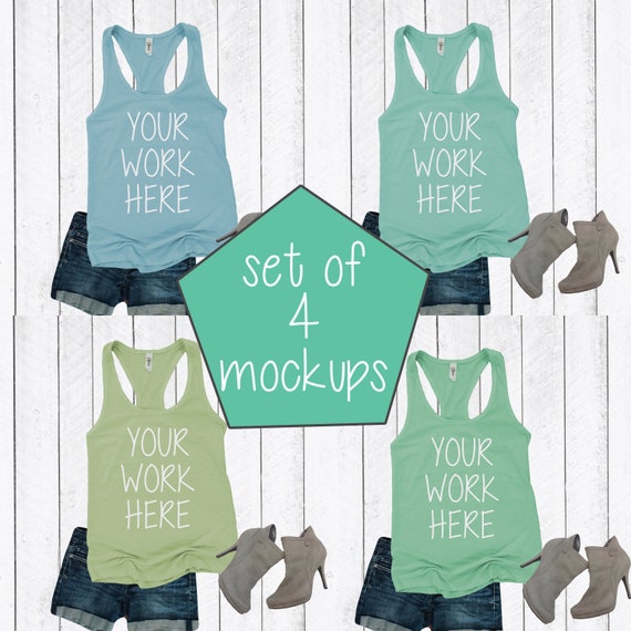 Set Of Four Tank Mockup Styled Shorts Heels Wood Set Of Four Tank Mockup Styled Shorts Heels Wood