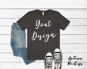 Download Free Bella Canvas 3001 Black Heather Unisex Jersey Short PSD Mockup Template