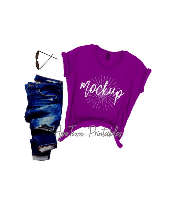 Vneck Purple Short Sleeve T-Shirt Mockup Fashion Styled Vneck Purple Short Sleeve T-Shirt Mockup Fashion Styled