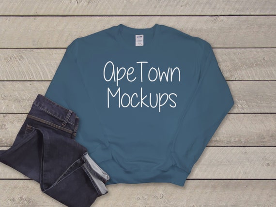 Gildan Sweatshirt Flat Lay Mockup Indigo Blue Wood Etsy