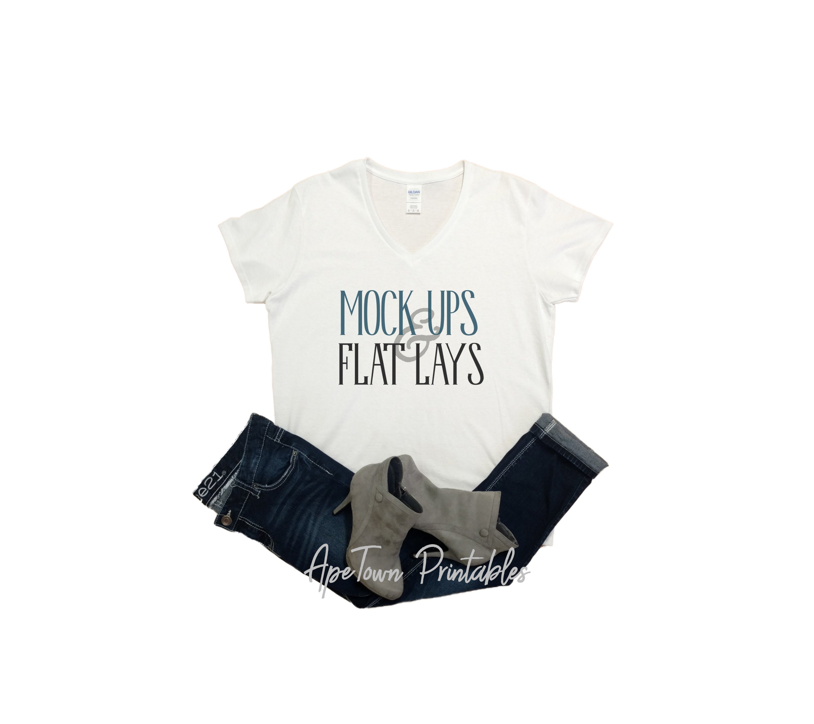 Blank VNeck White V-Neck T-Shirt Flat Lay Mock Up Gildan ...