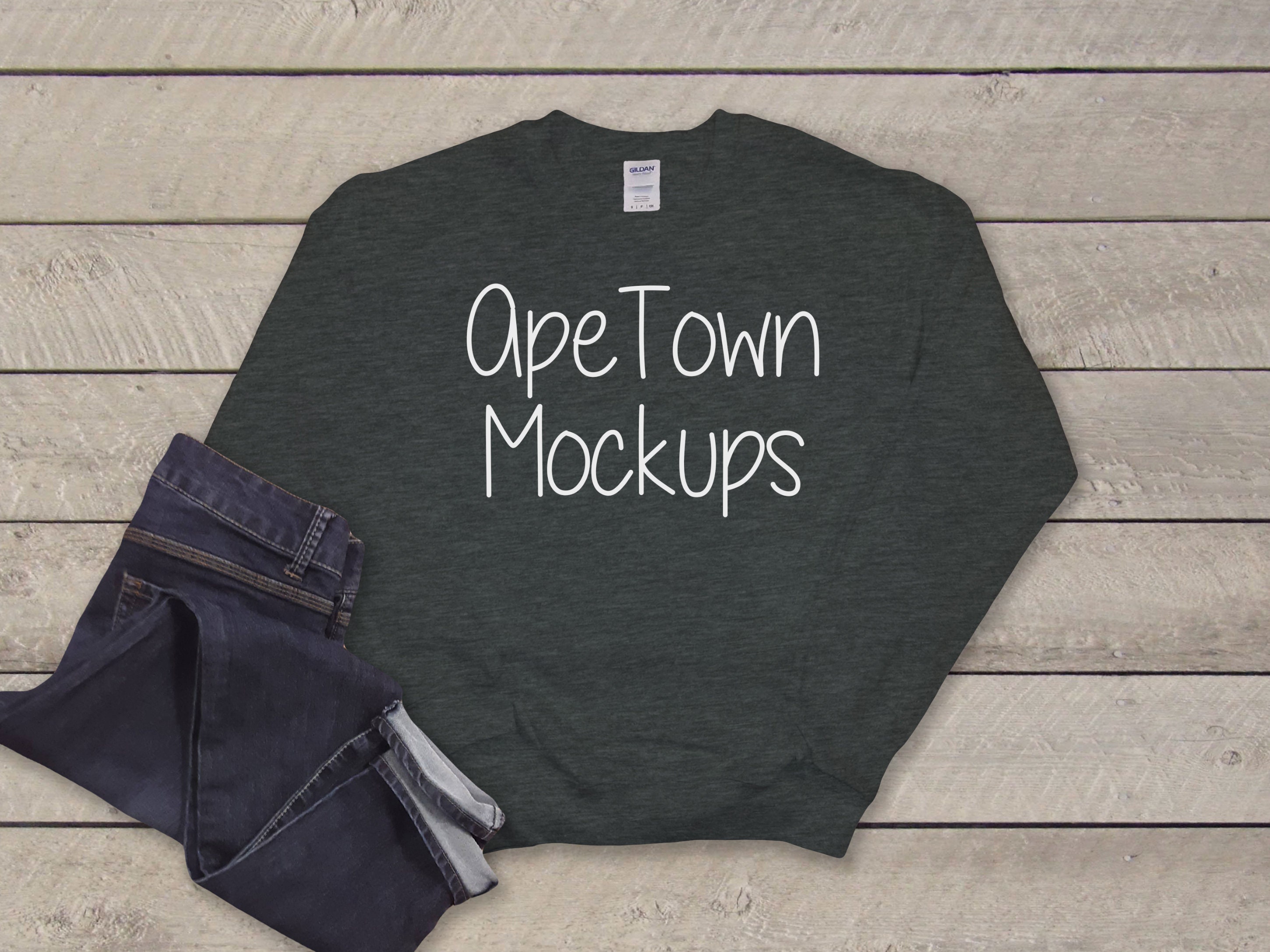 Gildan Sweatshirt Flat Lay Mockup Dark Heather Grey Wood Etsy
