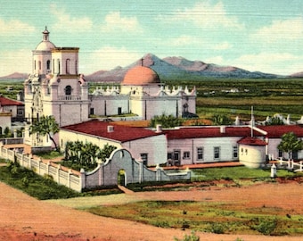 Vintage San Xavier Mission nära Tucson, Arizona reklamvykort — Linne/Fotokrom, Union-76-eran