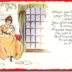 Vintage 1930 Christmas Postcard Lady Reading Letters Antique Holiday Greeting Card Stamped Ephemera Collectible