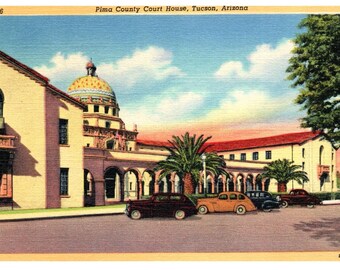 Vintage Pima County Courthouse Tucson Arizona linnevykort digital nedladdning sydvästligt konsttryck