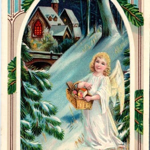 Vintage 1912 Merry Christmas Angel Girl Postcard Winter Church Scene Connecticut Antique Holiday Card USA
