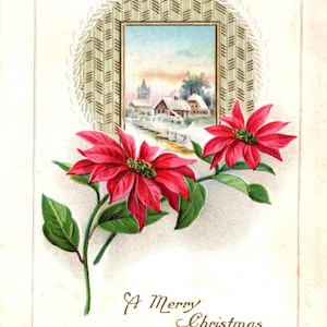 Vintage Christmas Postcard 1910 Embossed Poinsettias with Snowy Village Scene USA Penn State Antique Holiday Collectible Ephemera