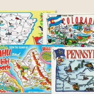 Paquete de postales vintage con mapas estatales: 17 mapas de EE. UU. estilo caricatura para imprimir. Descarga digital de recuerdos de viaje.