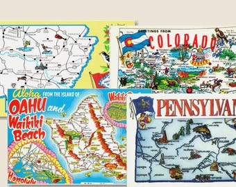 Vintage State Map Postcards Bundle 17 Printable Cartoon USA Maps Travel Ephemera Digital Download