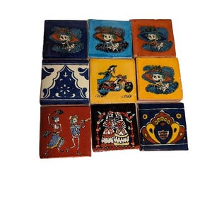 Decorative Mexican Day of the Dead Tiles – 2x2” Colorful Ornate Ceramic Sugar Skull Art, Dia de los Muertos Home Decor Accent Set small tile